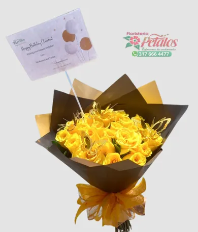102-Bouquet de rosas amarillo con mariposas