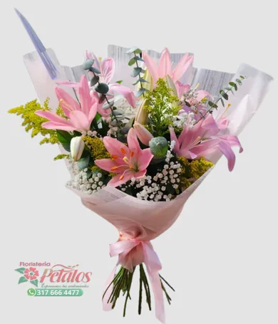 104-Ramillete de lirios rosados en papel coreano