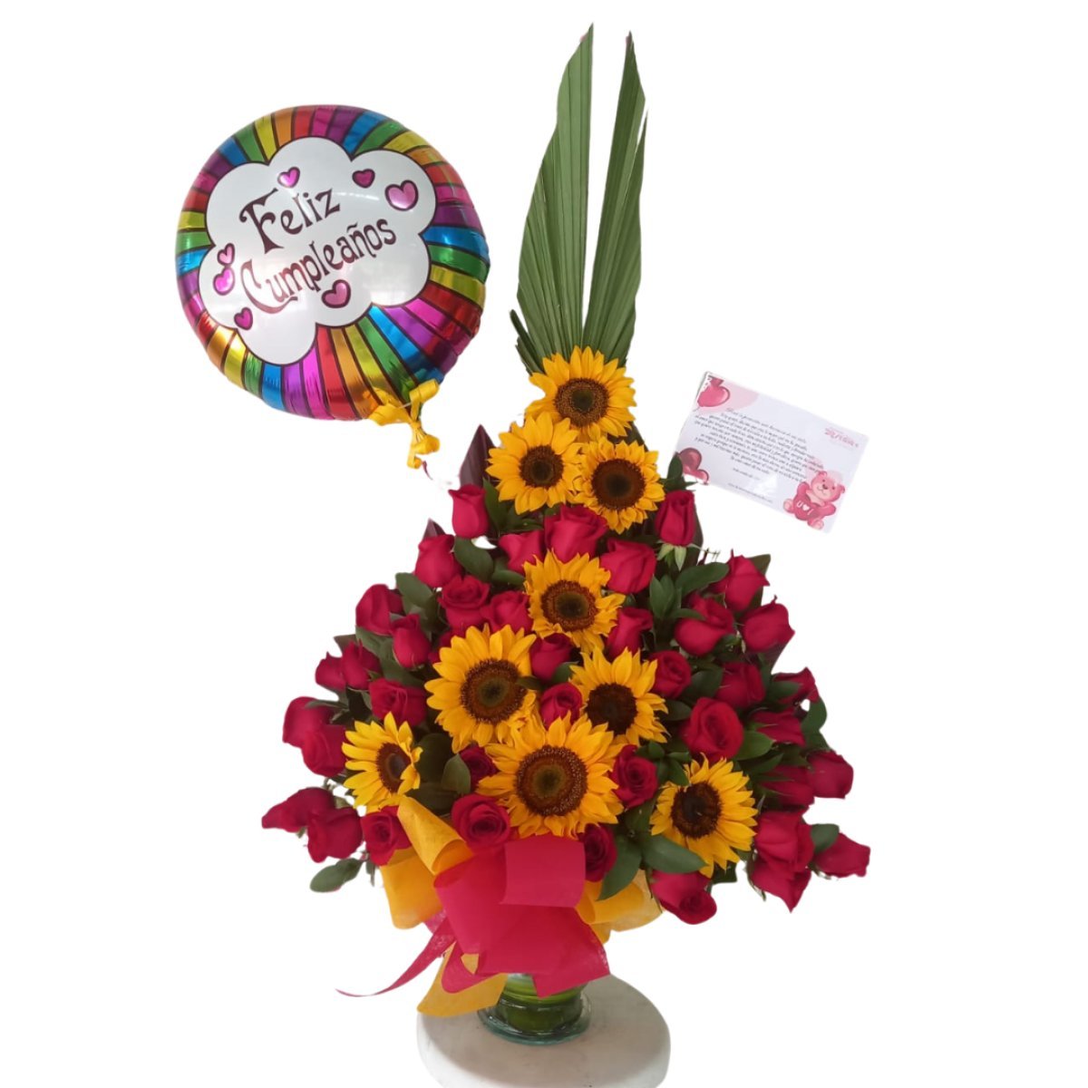 Pirámide de girasoles y rosas con globo