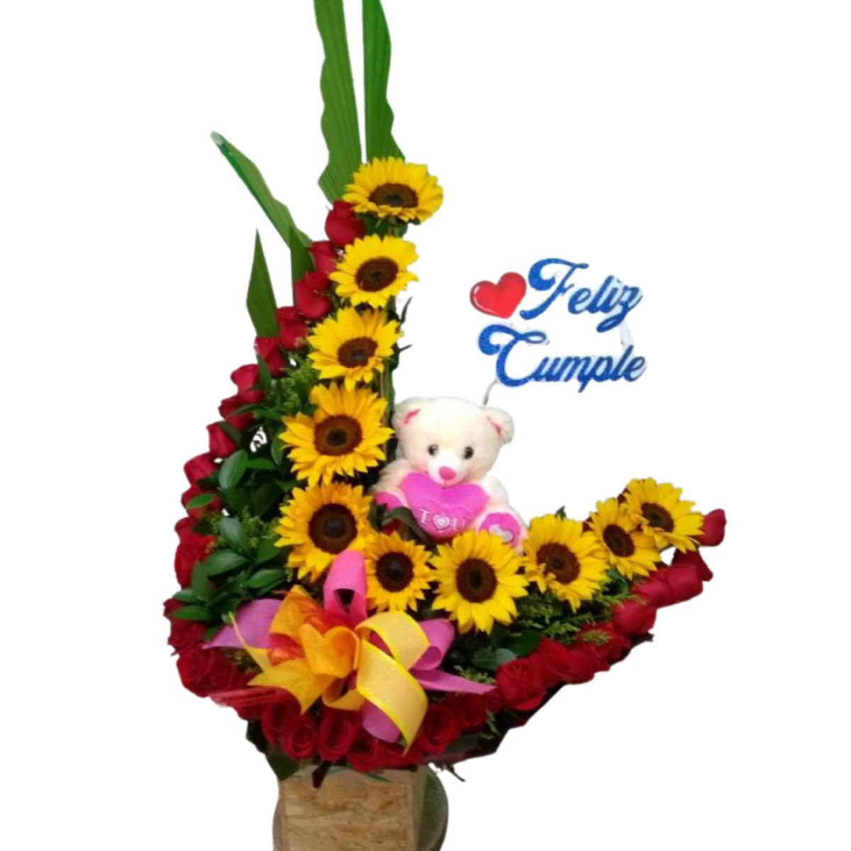 Media luna de rosas y girasoles con peluche